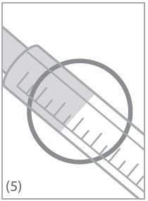Tryck in kolven långsamt till graderingen som motsvarar den mängd i milliliter (ml) som din läkare ordinerat (Figur 5). Vänd upp flaskan och ta bort sprutan (Figur 6).