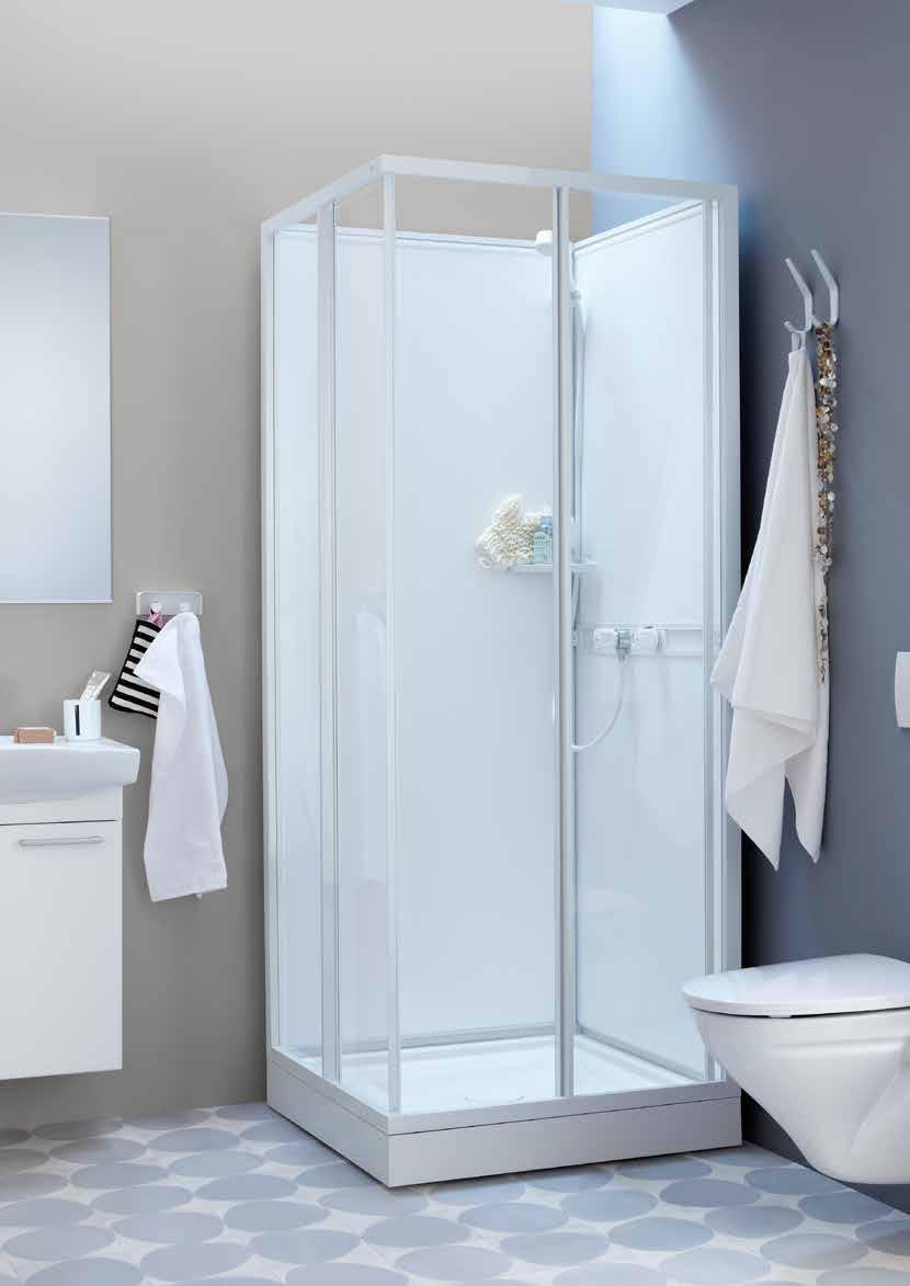 Vill du dölja vad som finns bakom duschkabinen kan du välja Ifö Next med släta vita bakstycken.