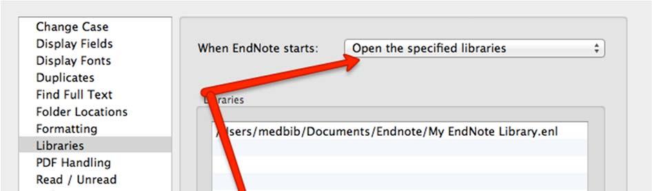 För att EndNote alltid ska öppna ditt biblioteket direkt när