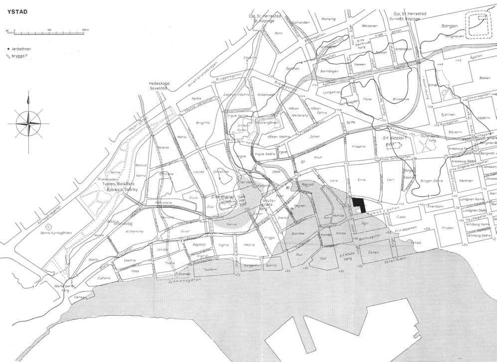 Fig. 2 Rekonstruktion av Ystad vid början av 1200-talet med havsviken inom stadsområdet och undersökningsplatsen i kv. Domar.