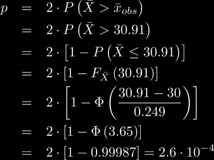 Direktmetode Direktmetode, exempel: H 0 : μ = 30 ; H a : μ 30 ob = 30.91 (tvåidigt tet) Vi ka utyttja ymmetri: båda markerade område är lika tora: H 0 29.