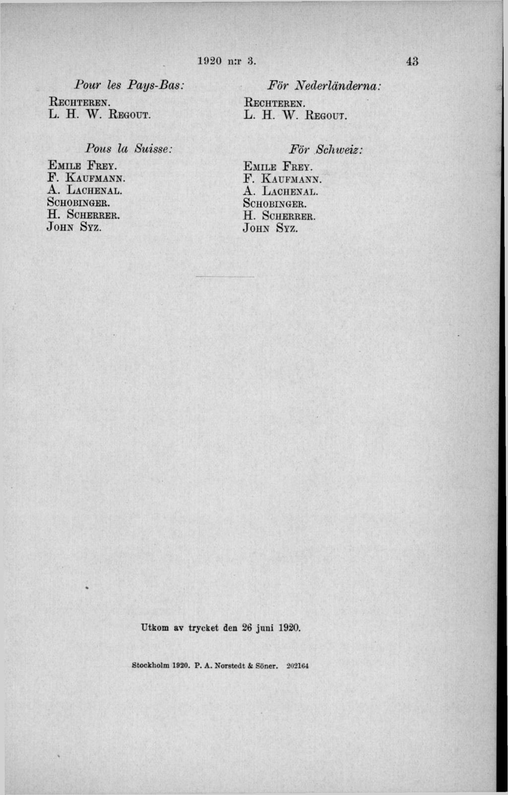 Four les Pays-Bas: R e c h t e r e n. L. H. W. R egout. Pous la Suisse: E m il e F r e y. F. K a u f m a n n. A. L a c h e n a l. ScHOBINGER. H. SCHERRER. J oh n S y z.