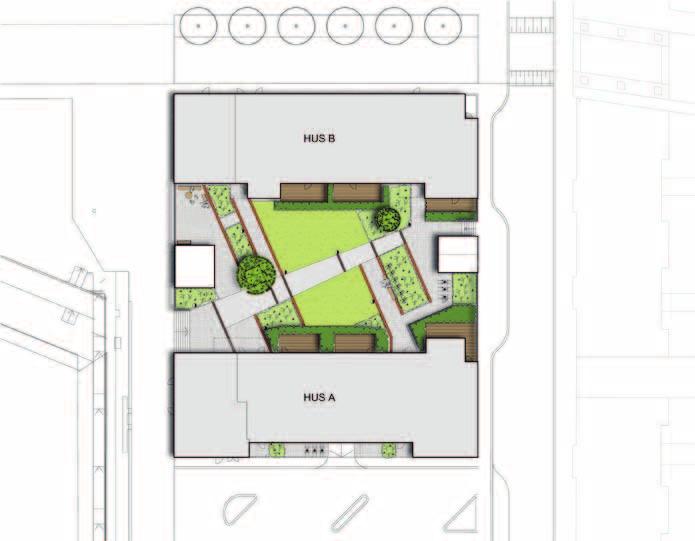 Backa E6 E5 Kviberg Lundby E Situationsplan öta älv Centrum Härlanda Majorna Liseberg Örgryte Högsbo Botaniska trädgården E6 E HUS B 5 Ostindiefararen Skeppsbyggaren består av två hus med en