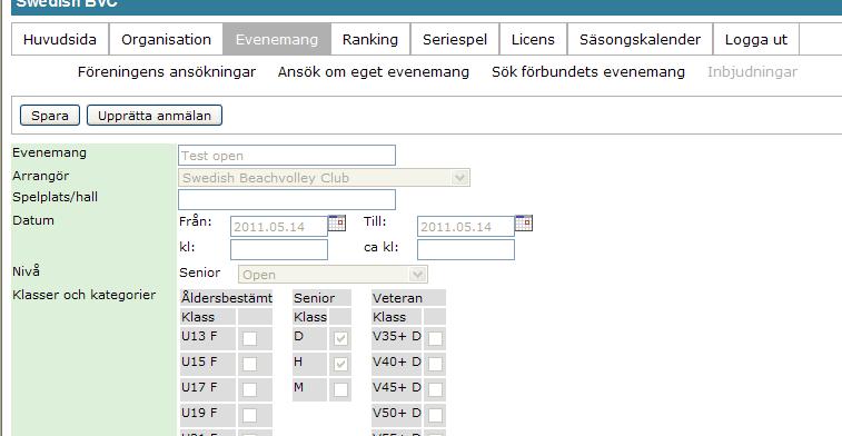 Här klickar man klickar på Upprätta anmälan så öppnas ett nytt fönster upp. Här föreslår systemet kortnamnet till detta evenemang.