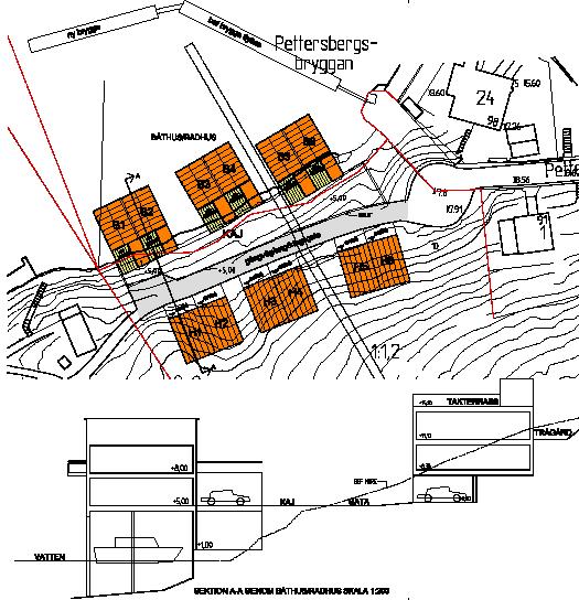 Förlängd allmän gata Pettersbergsvägen Markanvisningsområdet -marken ägs av staden Del av byggherrens mark- och vattenområde -marken och vattnet ägs av byggherren Bild 3.