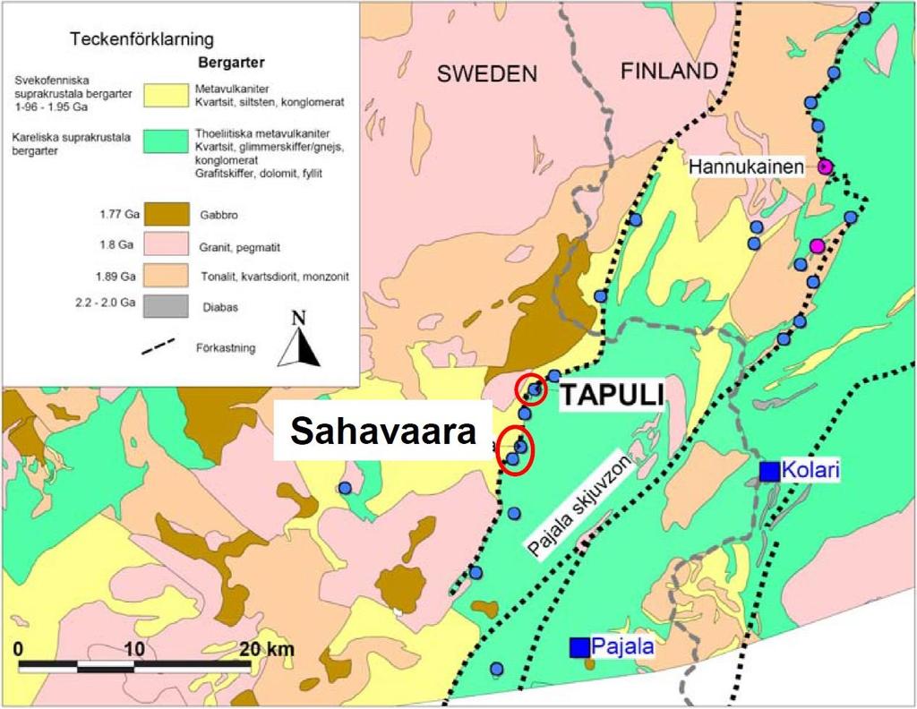 6.1.2 Bergarter Fyndigheterna i Tapuli, Palotieva och Sahavaara ligger i ett område med metasedimentär berggrund av Paleo-proterozoisk ålder som ingår i ett större geologiskt område, benämnt centrala