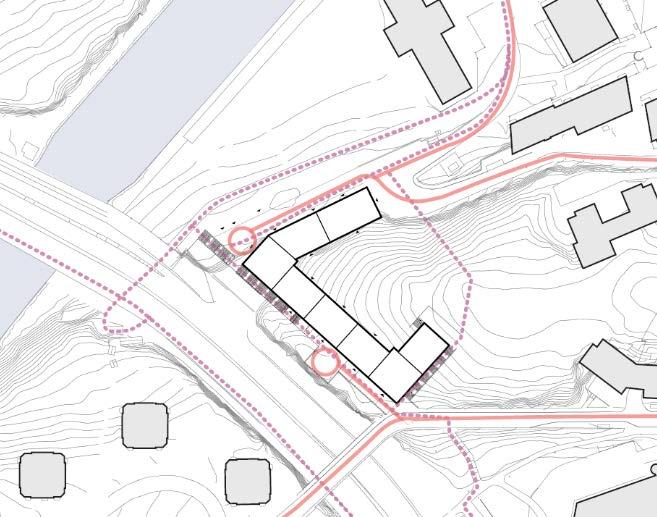 Bebyggelsen föreslås utformas som ett kvarter med uppbrutna volymer som placeras längs med Värmdövägen och ansluter runt en halvöppen gård.