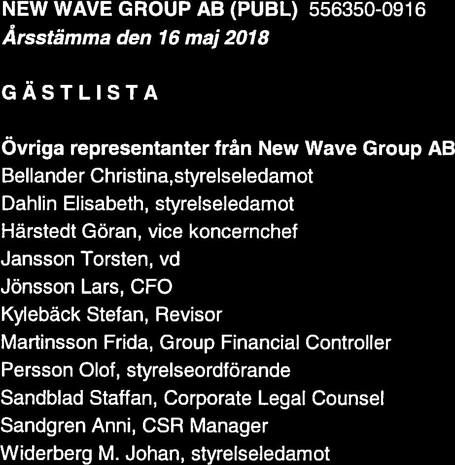 NEW WAVE GROUP AB (PUBL) 556350-0916 Årsstämma den 76 maj 2078 Bilaga 1 GÄSTLISTA Övriga representanter från New Wave Group AB Bellander