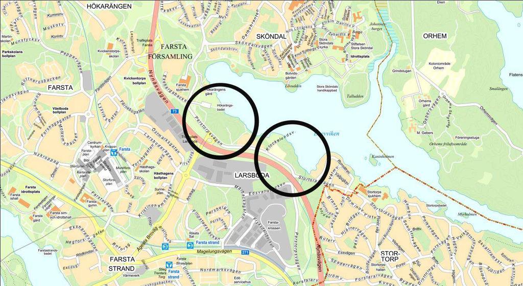 Figur 1. Översiktlig markering av undersökningsområdena på Stockholm stads registerkarta. Skala 1:8000.