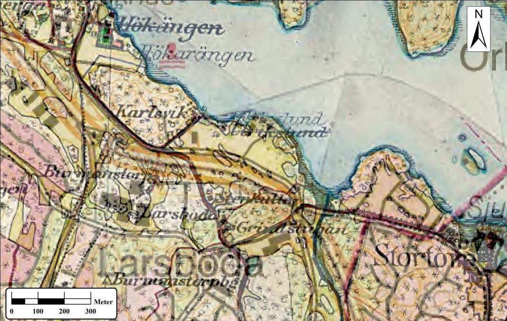 5 Undersökningsresultat Det äldre kartmaterialet över Larsbodaområdet omfattar laga skifteskartan från 1874, generalstabens karta från senare delen av 1800-talet, häradskartan från 1901 och den