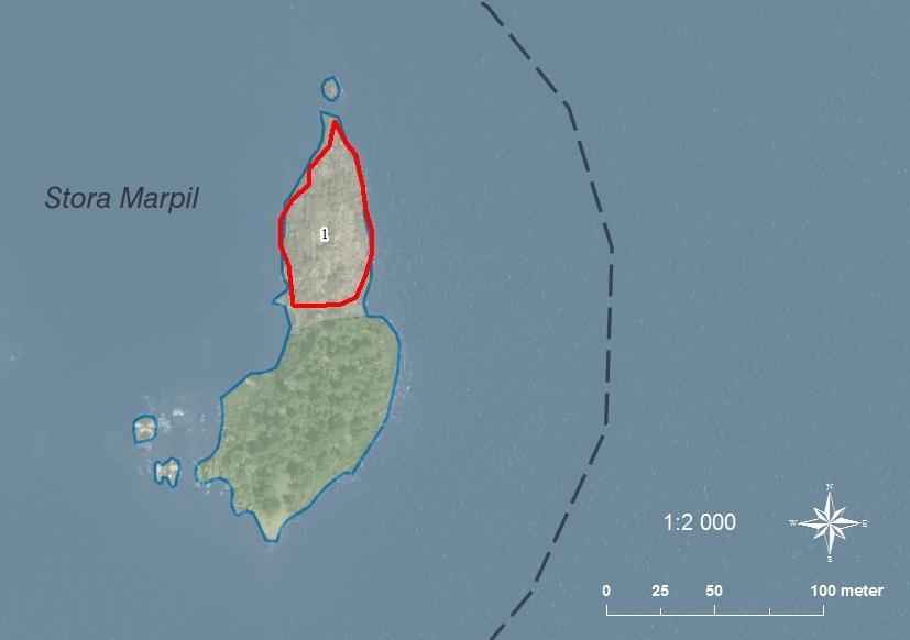 1 Stora Marpil SE0540078 3-4 0,24 En stor skogsbeklädd ö med flera stora tallar. Udden i norr består av lite mindre tallar, sly och buskar som står glesare än på resten av ön.