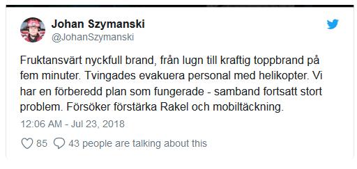 LÄGESRAPPORT ÄLVDALEN / TRÄNGSLET 2018-07-22 Räddningsledningen för Trängsletbranden ber Telia om hjälp med