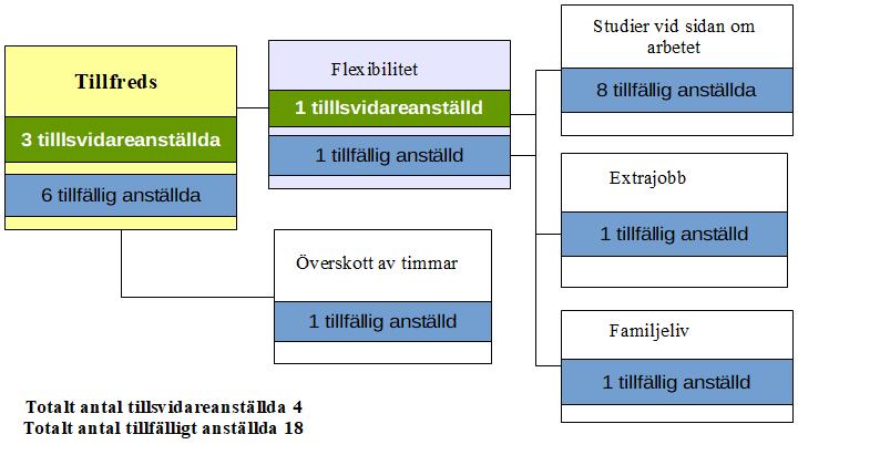 Av de 29 kvarstående uppgav 24% (N=7) att de hade en tillsvidareanställning/fast anställning och 76% (N=22) uppgav sig som timanställda/deltidsanställda, provanställda och annat (tillfälligt