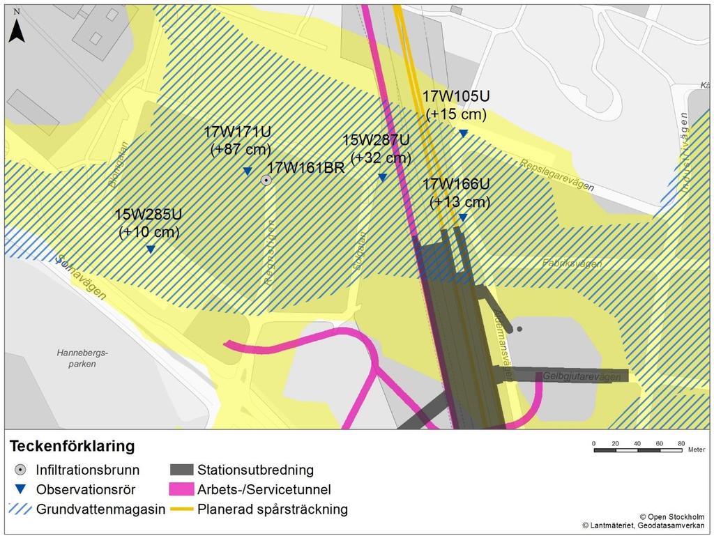 Figur 4. Maximal nivåhöjning i omgivande observationsrör. 4.2 18W008BR Samtliga omgivande observationsrör utom 17W171U och 17W165U bedöms uppvisa viss påverkan från infiltrationstestet, se Figur 5 och Figur 6.