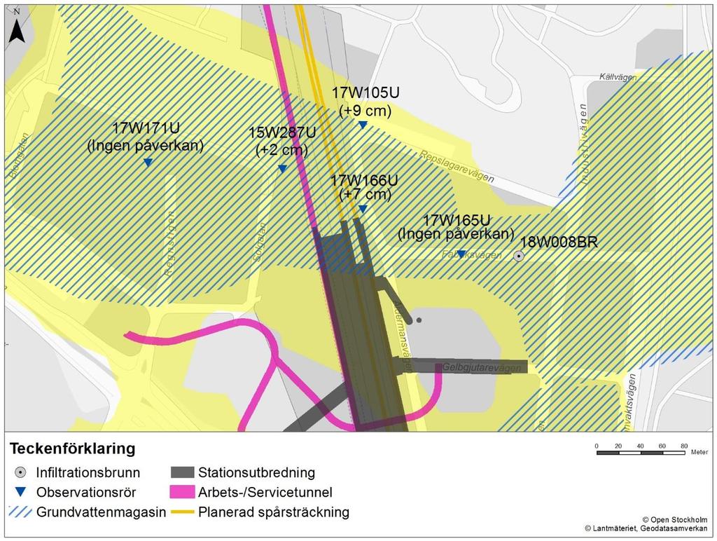 Figur 7. Maximal nivåhöjning i omgivande observationsrör (ej påverkan från hammarborrning).