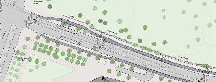 Den borttagna parkeringen på östra sidan har även möjliggjort en fortsättning av raden med gatuträd längs gatan.