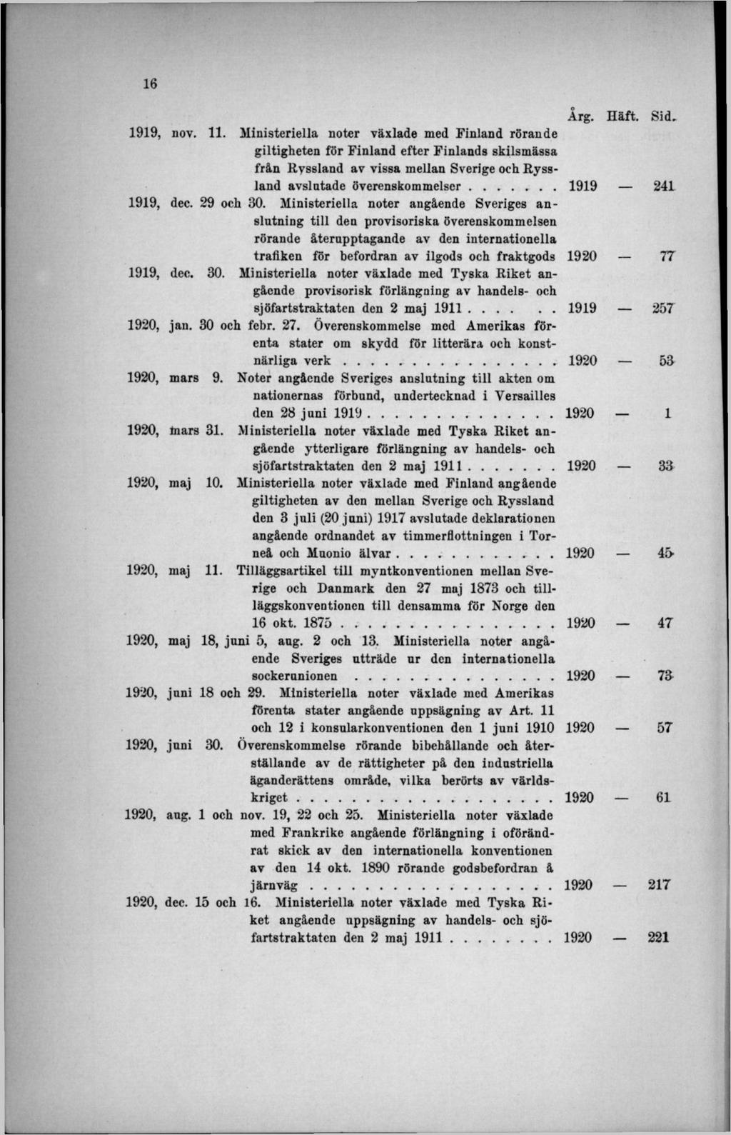 1919, nov. 11. Ministeriella noter växlade med Finland rörande giltigheten för Finland efter Finlands skilsmässa från Ryssland av vissa mellan Sverige och Ryssland avslutade överenskommelser.