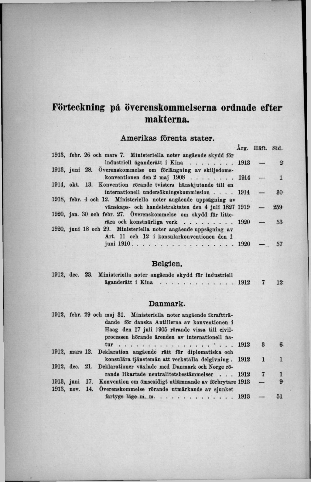 Förteckning på överenskommelserna ordnade efter makterna. Amerikas förenta stater. Årg. Häft. Sid. 1913, febr. 26 och mare 7. Ministeriella noter angående skydd för industriell äganderätt i K i n a.