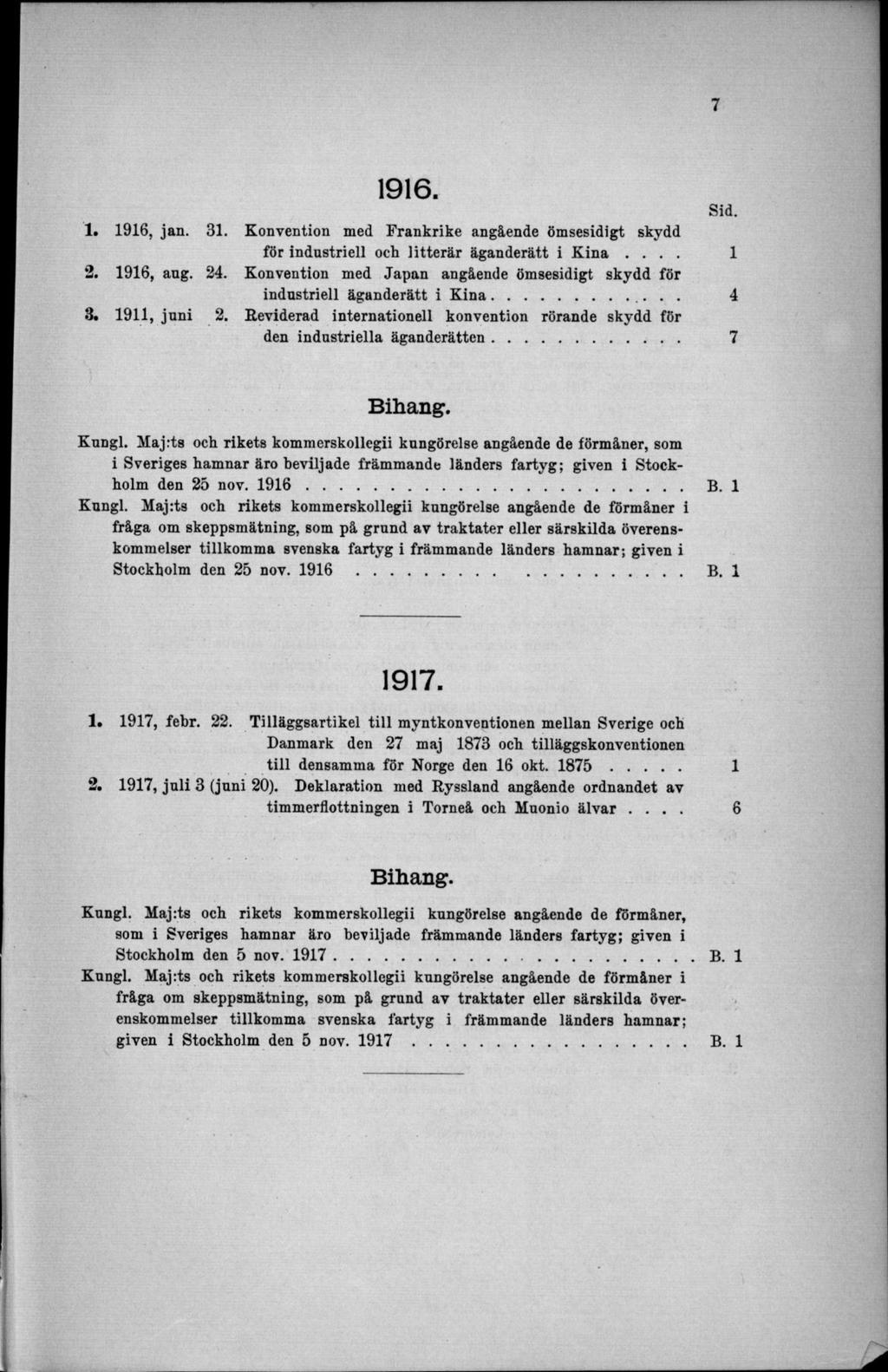1916. Sid. 1. 1916, jan. 31. Konvention med Frankrike angående ömsesidigt skydd för industriell och litterär äganderätt i Kina.... 1 2. 1916, äng. 24.