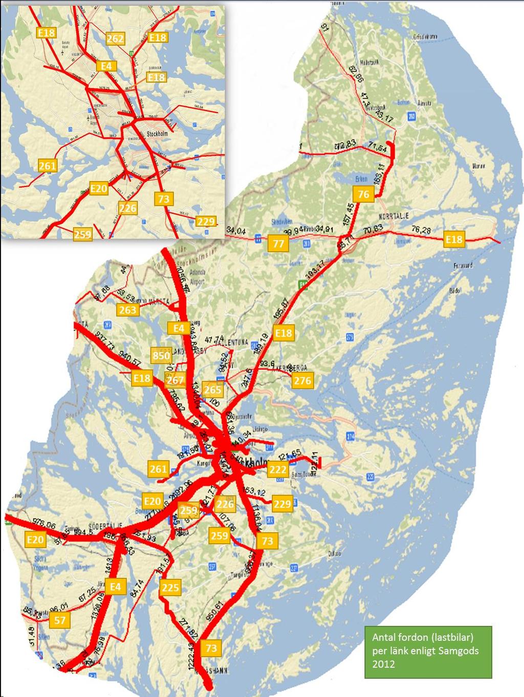 Figur 10: Samgods flödeskarta för Stockholms län (filtrerad för vägar med mer än 50 000 fordon per år), med avlästa vägnummer inlagda.