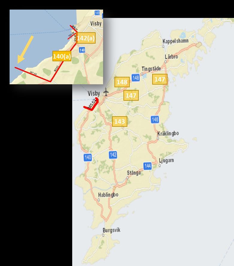 Gotland En screenshot av Samgods resultat för Stockholms län visas i Figur 13. De vägar som lästs av och jämförts med uppmätta trafikflöden har markerats med vägnummer. I Figur 14 visas resultatet.