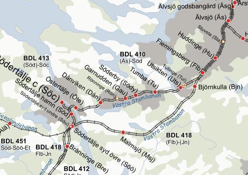 Figur 3: Urklipp ut detaljerad järnvägskarta (Trafikverket 2013:041) På sträckan mellan Karlberg och Skavstaby, följer värdena för Bangods tågplanen, medan Lupps värden är högre.