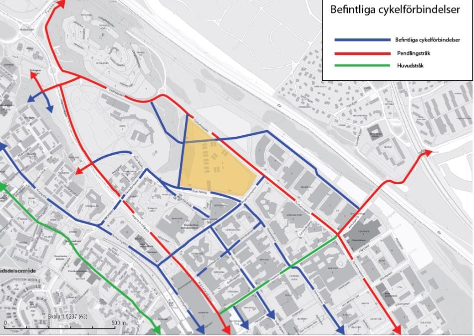 Sida 15 (45) Kista Centrum Befintliga cykelförbindelser i området. Pendlingsstråk och huvudstråk markerade i rött respektive grönt. Utsnitt från Stockholms stads cykelplan.