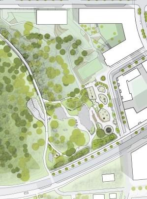 Sida 22 (45) sidorna. Runt om ängen finns mindre rum för vistelse varvat med sparad natur som berghällar och enstaka träd.