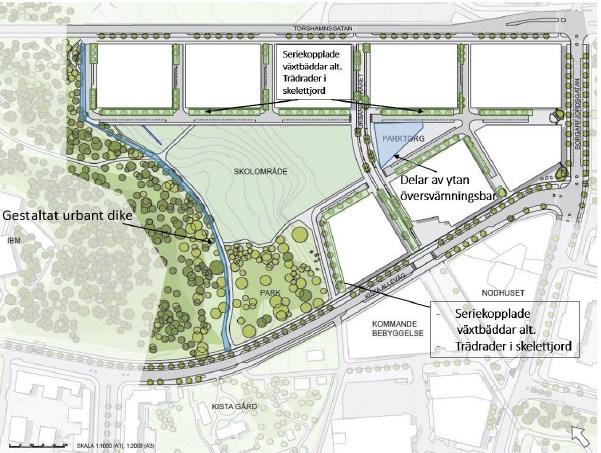 Sida 31 (45) Förslag på dagvattenhantering på offentliga ytor. Dagvattenhantering i Kista Äng synliggörs och integreras i den byggda allmänna miljön och stärks stadens gröna strukturer.