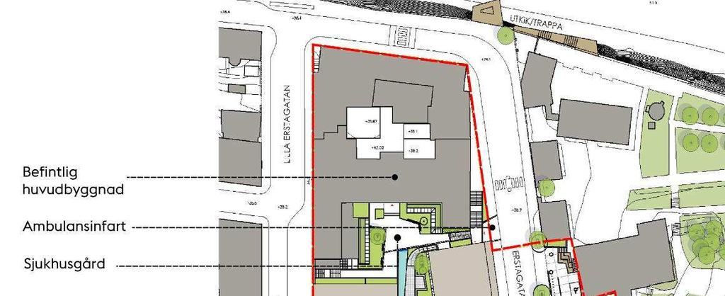 SID 14 (31) Planförslag Illustrationsplan, plangräns markerad i rött (Nyréns arkitektkontor och Ratio arkitekter) Planförslaget omfattar en ny sjukhusbyggnad, underjordiskt parkeringsgarage med