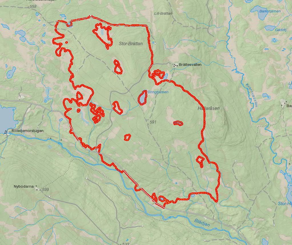 4.4. Stor-Brättan Stor-Brättan ligger i Härjedalens kommun i Jämtlands län cirka 8 km nordväst om Lillhärdal. Totalt har cirka 950 ha brunnit varav cirka 850 ha är produktiv skogsmark.