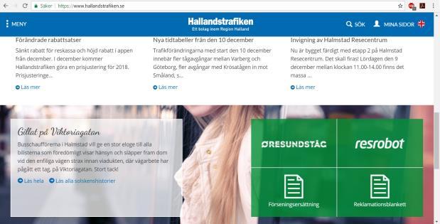 Knappen finns alltid tillgänglig från alla webbsidor. I menyn presenteras de övergripande kategorierna, som exempelvis Biljetter och priser och Om Hallandstrafiken.