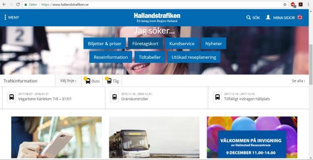 I övre mitten på webbplatsens startsida under rubriken Jag söker finns genvägar till några olika menyval och även denna del fungerar som en slags meny. Bild 3. Hallandstrafikens startsida, övre delen.