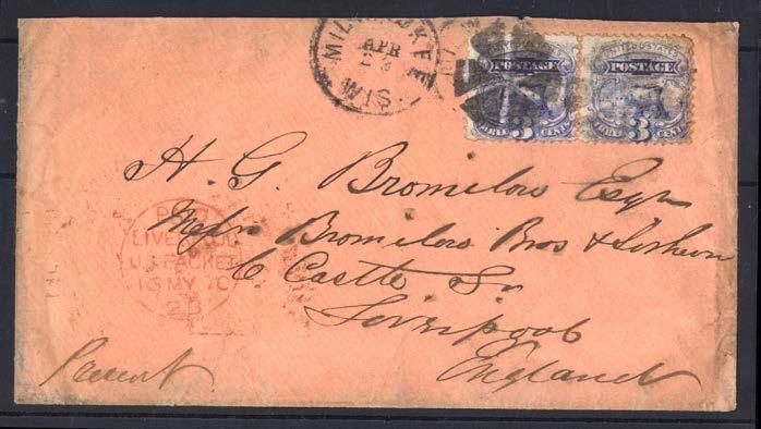 517 517 3 cent Locomotive (Sc.114/Mi.28) 1 lodrätt par på brev från MILWAUKEE APR 29 WIS. till England.