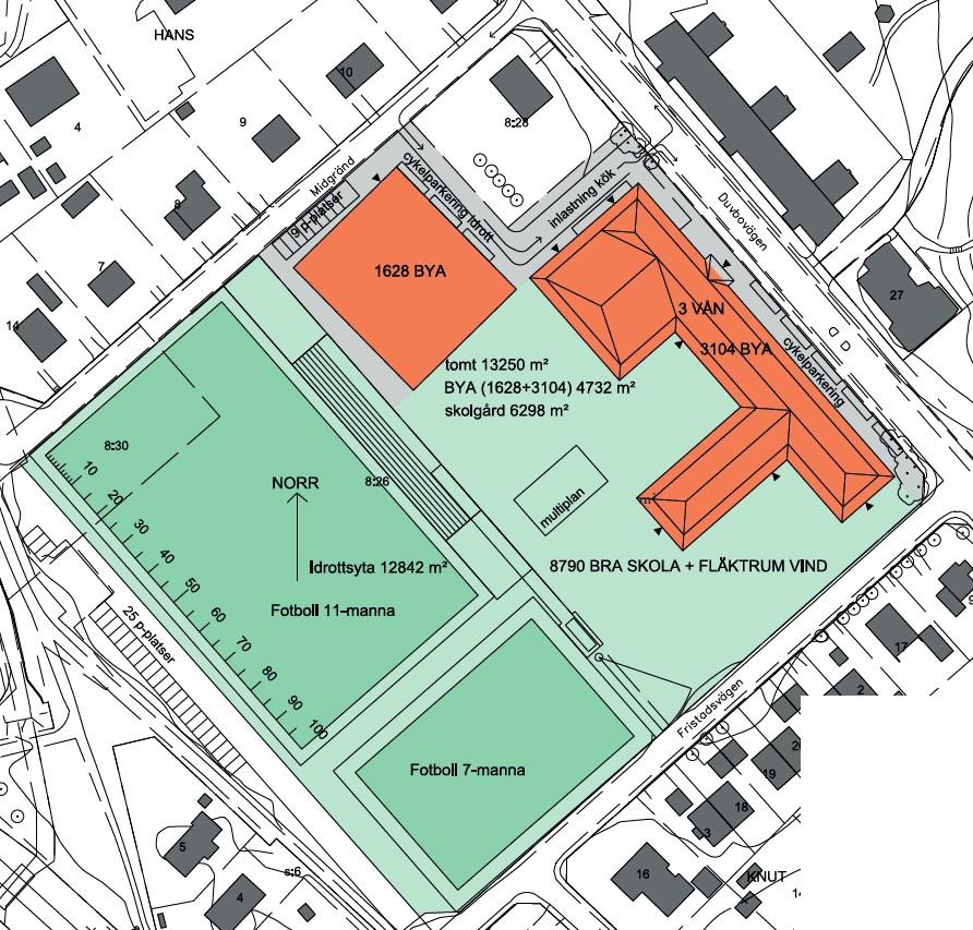 Sida 27 (54) 4.2.8 Förslag på ny bebyggelse på Bromstens IP Om en skola kommer att byggas så skulle Bromstens IP kunna utvecklas enligt illustrationen nedan från förstudien.