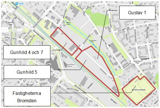 Sida 7 (54) omfattar 6297 kvm, Gunhild 5 omfattar 27521 kvm och Gunhild 7 omfattar 9538 kvm. Fastigheten Gustav 1 och Gunhild 5 ägs av Fastighetspartner Bromsten AB.
