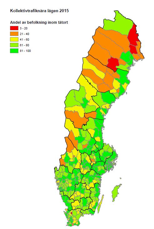 Diarienummer: 2017-013630 15 (19) Västerbottens län 646 824 82,5 84,8 Norrbottens län 384 124 65,2 47,5 Figur 11. Andel av befolkning i tätort som bor inom 400 m från hållplats, år 2015. 23 Tabell 4.