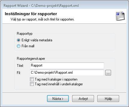 Arbeta med Rapporter Skapa rapport Funktionen skapar en xml-rapport över utvalda filer och dess metadata som går att öppna i Excel.
