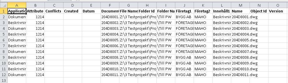 Arbeta med Se nedan för ett exempel på den Excel-fil som Chaos desktop använder vid export av ProjectWise-dokument.