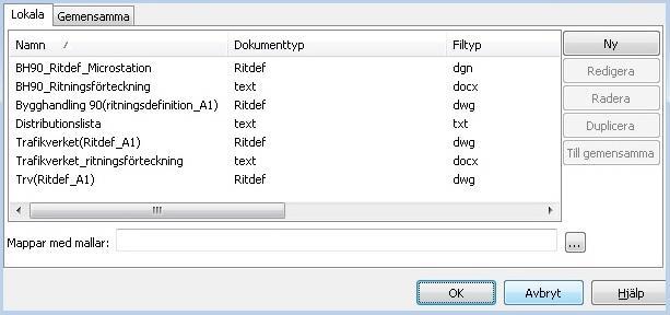 Den nedre delen visar de Officemallar som angetts under Mappar med mallar i dokumentmallskonfigurationen. Dokumenten skapas som kopior av mallarna, därför är datumet på filen inte aktuellt.