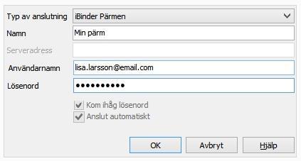 Systeminställningar Anslutning till ibinder Pärmen Typ av anslutning: Välj ibinder Pärmen i listan. Namn: Ange valfritt namn på anslutningen. Användarnamn: Ange ditt användarnamn för ibinder Pärmen.