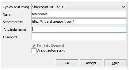 Beroende på vilken SharePoint-server din webb ligger på väljer du rätt typ av anslutning i listan.