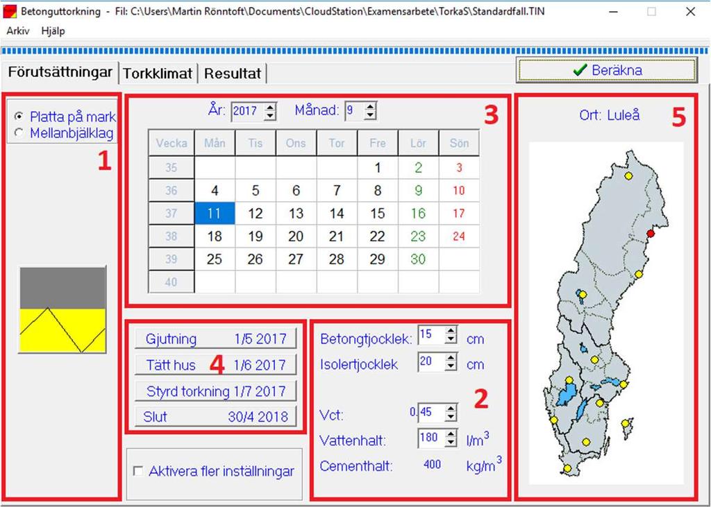 4. Simulering Syftet med studien var att undersöka hur klimatet och betongens egenskaper kan påverka uttorkningen genom att simulera det i TorkaS v3.2.