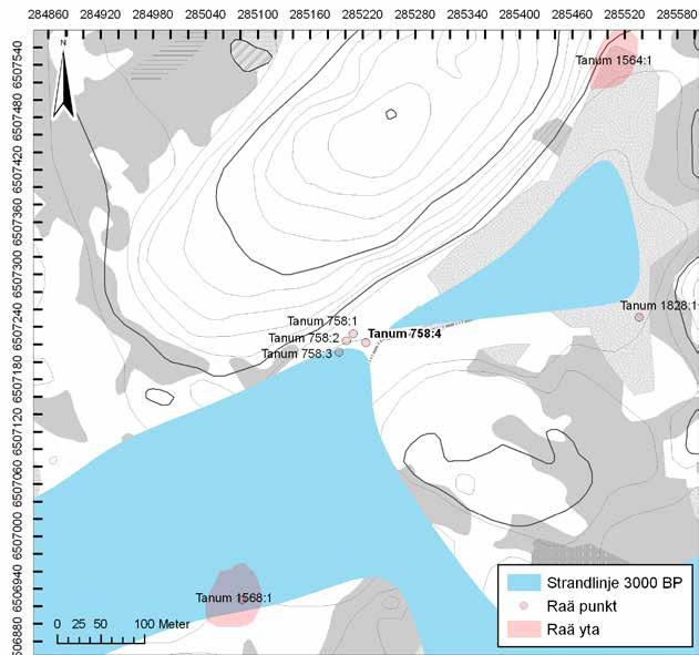 8 Bohusläns museum Rapport 2012:29 Figur 4b. Landskapet med förhöjd strandlinje, så som det förhöll sig omkring 3 000 B P, skala 1:5 000. Källa: Lantmäteriets höjddatabas.