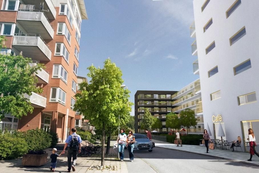 De nya bostadskvarteren längs Kolonnvägen föreslås få en stadsmässig karaktär med tydliga entréer och lokaler.