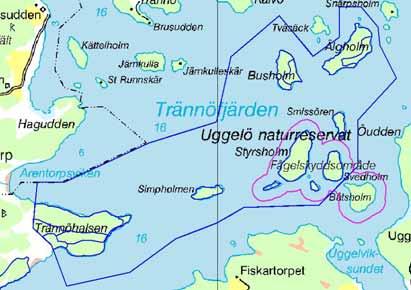 GSD-Fastighetskartan Lantmäteriet, dnr 106-2004/188 Uggelö naturreservat med öarnas namn samt fågelskyddsområde med tillträdesförbud 1/2-15/8 (röd linje).