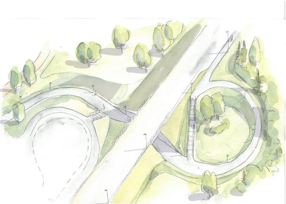 Illustration över mötet mellan tråglösning, slänter och anslutande gång- och cykelvägar.