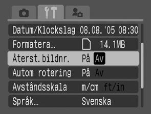 Återställa filnumret Fotograferingsmetod Bildvisning Bilderna du tar får automatiskt nummer. Du kan ange hur du vill att filnummer ska tilldelas. 1 (Inställningar) [Återst. bildnr.] [På]/[Av].