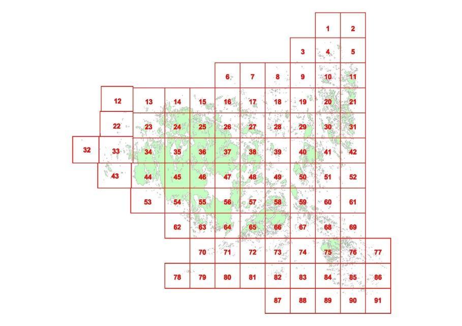 Registreringen gjordes under åren 2009 2011 samt fram till juli under 2012. Områdesrutornas storlek är 10 x 10 km. Figur 1. Rutsystem över Åland, där numret anges som fångstområde.