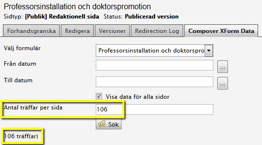 Detta listar de första 50 träffarna och du får också reda på hur många träffar som finns i databasen. Om det är fler träffar än 50 så ändra Antalet träffar per sida och gör en ny utsökning.